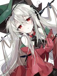 1girl arknights ascot bare_shoulders black_ascot breasts clothing_cutout commentary_request detached_sleeves dress green_hat grey_hair hat head_tilt itsuki_02 large_breasts looking_at_viewer navel_cutout parted_lips pointy_hat red_dress red_eyes red_sleeves simple_background skadi_(arknights) skadi_the_corrupting_heart_(arknights) solo twitter_username upper_body white_background