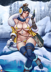 Rule 34 | 1girl, ankle boots, arimatang, bikini, bikini pull, blue gloves, blue thighhighs, book, boots, breasts, brown eyes, brown hair, cleavage, clothes pull, covered erect nipples, curvy, earmuffs, eyeshadow, folded ponytail, fur-trimmed jacket, fur trim, gloves, goggles, goggles on head, handler (monster hunter world), highres, holding, holding pen, jacket, knees together feet apart, large breasts, legs together, looking at viewer, makeup, micro bikini, mole, mole on breast, mole on thigh, monster hunter, monster hunter: world, monster hunter (series), monster hunter world: iceborne, navel, neck warmer, nib pen (object), open clothes, open jacket, outdoors, pen, pulled by self, short hair, signature, skindentation, snow, solo, swimsuit, thighhighs, thighs, underboob, undersized clothes, vambraces, wide hips, winter clothes, yellow bikini, yellow jacket