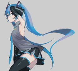 Rule 34 | 1girl, aqua hair, aqua necktie, armpits, bare shoulders, black skirt, black thighhighs, blue eyes, blush, collared shirt, cowboy shot, detached sleeves, grey background, grey shirt, hair between eyes, hand up, hatsune miku, long hair, looking at viewer, looking to the side, necktie, p2 (uxjzz), parted lips, pleated skirt, shirt, simple background, skirt, sleeveless, sleeveless shirt, solo, thighhighs, twintails, very long hair, vocaloid