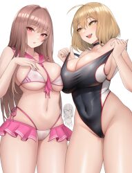 Rule 34 | 3girls, absurdres, ahoge, anis (nikke), anis (nikke) (cosplay), anis (sparkling summer) (nikke), asymmetrical docking, between breasts, bikini, bikini skirt, black choker, black one-piece swimsuit, blush, breast press, breasts, brown hair, choker, cleavage, commentary, competition swimsuit, cosplay, costume switch, covered navel, cowboy shot, glasses, goddess of victory: nikke, hair intakes, highleg, highleg swimsuit, highres, kurone rinka, large breasts, light brown hair, long hair, looking at another, looking at viewer, multi-strapped bikini bottom, multiple girls, navel, necktie, necktie between breasts, neon (blue ocean) (nikke), neon (nikke), neon (nikke) (cosplay), official alternate costume, one-piece swimsuit, open mouth, parted lips, pink necktie, rapi (classic vacation) (nikke), rapi (nikke), rapi (nikke) (cosplay), red eyes, revision, sailor collar, short hair, side-tie bikini bottom, simple background, skindentation, smile, standing, stomach, straight hair, string bikini, swimsuit, thighs, white background, white bikini, yellow eyes