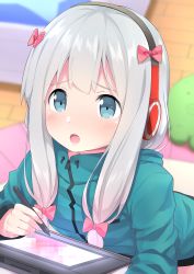 Rule 34 | 10s, 1girl, absurdres, bedroom, blue eyes, blurry, blush, bow, censored, depth of field, drawing tablet, eromanga sensei, go-1, green jacket, hair bow, hair over shoulder, hairband, highres, hood, hooded track jacket, indoors, izumi sagiri, jacket, leaning forward, long hair, looking at viewer, mosaic censoring, open mouth, pink bow, sidelocks, silver hair, solo, track jacket, upper body