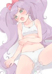 Rule 34 | 1girl, blush, bow, breasts, egg vibrator, green eyes, hair bow, highres, hyakumangoku masurao, long hair, lying, manaka laala, on back, open mouth, panties, pretty series, pripara, purple hair, remote control vibrator, sex toy, small breasts, solo, tearing up, tongue, tongue out, twintails, underwear, underwear only, vibrator, vibrator bulge, vibrator under bra, vibrator under clothes, vibrator under panties, white panties