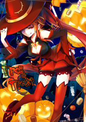Rule 34 | 1girl, :q, bad id, bad pixiv id, boots, broom, candy, cleavage cutout, clothing cutout, cookie, detached sleeves, elsword, english text, fence, food, fruit, gem, halloween, halloween costume, hand on headwear, hat, highres, holding, holding broom, icedango (dpopic3), ignia (elsword), jack-o&#039;-lantern, lamp, leaning forward, long hair, looking at viewer, matching hair/eyes, one eye covered, orange eyes, orange hair, ponytail, red eyes, red hair, red ribbon, ribbon, solo, sweets, text focus, thighhighs, tongue, tongue out, trick or treat, very long hair, witch hat