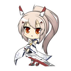 Rule 34 | 1girl, ayanami (azur lane), azur lane, bandaid, bandaid on arm, blush stickers, chibi, choker, commentary request, detached sleeves, full body, greatsword, hair between eyes, hair ornament, hairclip, headgear, highres, holding, holding sword, holding weapon, long hair, looking at viewer, orange eyes, parted lips, pleated skirt, ponytail, retrofit (azur lane), ribbon-trimmed sleeves, ribbon trim, school uniform, serafuku, shinryuu (shinryu1226), sidelocks, silver hair, simple background, skirt, solo, standing, sword, weapon, white background, wide sleeves