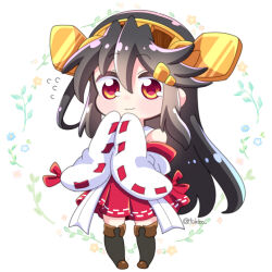 Rule 34 | 1girl, bare shoulders, black hair, black thighhighs, blue flower, blush, chibi, detached sleeves, flower, flying sweatdrops, full body, hair between eyes, haruna (kancolle), headgear, japanese clothes, kantai collection, long hair, nontraditional miko, orange flower, own hands together, pink flower, ribbon-trimmed sleeves, ribbon trim, solo, standing, thighhighs, tsukko (3ki2ne10), twitter username, very long hair, wavy mouth, wide sleeves