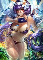 Rule 34 | 1girl, alternate hair color, animal ear fluff, animal ears, bikini, black bikini, branch, breasts, cellphone, cleavage, cloak, commentary request, fate/grand order, fate (series), flower, fox ears, fox tail, glasses, hair flower, hair ornament, highres, hood, hood down, hooded cloak, jewelry, large breasts, long hair, looking at viewer, low twintails, magatama, magatama necklace, multi-strapped bikini, necklace, osakabehime (fate), osakabehime (foxy lady) (fate), phone, purple hair, rectangular eyewear, red-framed eyewear, red eyes, side-tie bikini bottom, signo aaa, smartphone, smile, solo, sparkle, swimsuit, tail, twintails, very long hair, white cloak