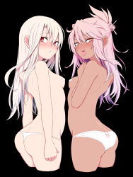 Rule 34 | 2girls, animal print, ass, back, bad id, bad pixiv id, bare back, black background, blush, breasts, butt crack, chloe von einzbern, dark-skinned female, dark skin, fate/kaleid liner prisma illya, fate (series), hair between eyes, hair ornament, hairpin, half updo, heart pasties, highres, illyasviel von einzbern, kuyou (artist), long hair, looking at viewer, looking back, multiple girls, open mouth, orange eyes, panties, parted lips, pasties, pink hair, print panties, rabbit panties, rabbit print, red eyes, sidelocks, simple background, small breasts, thong, tongue, tongue out, topless, underwear, white hair, white panties