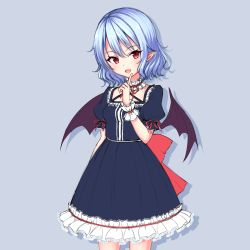 Rule 34 | 1girl, absurdres, alternate color, bat wings, black dress, blue background, blue hair, cowboy shot, dress, fang, finger to mouth, frilled dress, frills, highres, index finger raised, junior27016, lolita fashion, neck ribbon, open mouth, pointy ears, puffy short sleeves, puffy sleeves, purple background, red eyes, red ribbon, remilia scarlet, ribbon, short sleeves, solo, touhou, wings, wrist cuffs