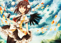 Rule 34 | 1girl, armband, bad id, bad pixiv id, belt, bird wings, black thighhighs, brown hair, camera, cloud, cloudy sky, floral print, frilled skirt, frills, hat, kaio (watagami), looking at viewer, mountain, open mouth, photo (object), pom pom (clothes), puffy short sleeves, puffy sleeves, red eyes, ribbon-trimmed clothes, ribbon trim, shameimaru aya, short hair, short sleeves, skirt, sky, smile, solo, thighhighs, tokin hat, touhou, wind, wind lift, wings