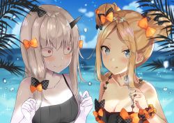 Rule 34 | 2girls, :q, abigail williams (fate), bare shoulders, bikini, black bikini, black bow, blonde hair, blue eyes, blue sky, blurry, blurry background, blush, bow, breasts, cleavage, closed mouth, cloud, collarbone, commentary request, day, depth of field, double bun, emerald float, fate/grand order, fate (series), fork, hair between eyes, hair bow, hair bun, highres, holding, holding fork, horizon, horns, lavinia whateley (emerald float) (fate), lavinia whateley (fate), long hair, multiple girls, ocean, official alternate costume, orange bow, outdoors, pale skin, parted bangs, pink hair, polka dot, polka dot bow, side bun, sidelocks, silver hair, single horn, single side bun, sky, small breasts, smile, sparkle, sweat, swimsuit, tongue, tongue out, water, wide-eyed, yufou