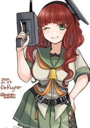 Rule 34 | 1girl, artist name, beige serafuku, bell, belt, bobokuboboku, brown eyes, character name, commentary request, cowboy shot, dated, de ruyter (kancolle), green eyes, green sailor collar, green skirt, headgear, kantai collection, leaning forward, long hair, looking at viewer, one-hour drawing challenge, one eye closed, open mouth, orange neckwear, pleated skirt, sailor collar, school uniform, serafuku, simple background, skirt, solo, wavy hair, white background
