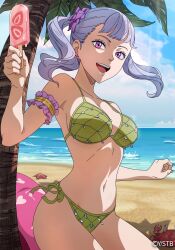 Rule 34 | 1girl, beach, bikini, black clover, breasts, earrings, eyelashes, food, green scales, highres, ice cream, jewelry, large breasts, looking at viewer, noelle silva, official art, outstretched arms, pink eyes, ribbon, simple background, smile, swimsuit, twintails, white hair
