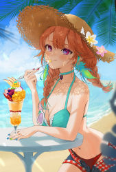 Rule 34 | 1girl, :q, aqua bikini, aqua choker, bare arms, bare shoulders, beach, bikini, blue nails, blush, braid, breasts, brown hat, cleavage, closed mouth, collarbone, commentary, commentary request, day, dessert, earrings, eating, feather earrings, feathers, flower, food, fruit, gotou (nekocat), green nails, hat, hat flower, hat ornament, highres, holding, holding spoon, hololive, hololive english, jewelry, large breasts, long hair, looking at viewer, mismatched bikini, multicolored nails, nail polish, navel, ocean, open clothes, open shorts, orange hair, outdoors, pink-tinted eyewear, pink eyes, pink flower, red bikini, red nails, short shorts, shorts, sitting, smile, solo, spoon, straw hat, strawberry, sunglasses, swimsuit, symbol-only commentary, table, takanashi kiara, takanashi kiara (casual), tinted eyewear, tongue, tongue out, twin braids, unworn eyewear, virtual youtuber, water, white flower