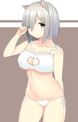 Rule 34 | 10s, 1girl, animal ears, aqua eyes, bare shoulders, blush, bra, breasts, cat cutout, cat ear panties, cat ears, cat lingerie, cleavage, cleavage cutout, clothing cutout, collarbone, hair ornament, hair over one eye, hairclip, hamakaze (kancolle), highres, kantai collection, large breasts, looking at viewer, md5 mismatch, meme attire, navel, one eye closed, panties, resolution mismatch, short hair, side-tie panties, silver hair, solo, source smaller, standing, underboob, underwear, underwear only, white bra, white panties, yuna (spn28u79)