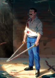 Rule 34 | 1boy, artist name, belt, black footwear, black hair, blood, blood on face, blood on clothes, bloody weapon, blue pants, buttons, collar, collared shirt, facial hair, full body, fullmetal alchemist, glowing, glowing eye, highres, holding, holding sword, holding weapon, king bradley, looking at viewer, male focus, mustache, pants, shirt, short hair, solo, standing, sword, weapon, white shirt, whoareuu