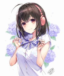 Rule 34 | 1girl, ahoge, black hair, blue bow, blue bra, blush, bow, bra, bralines, breasts, brown eyes, button gap, closed mouth, collarbone, collared shirt, commentary request, dress shirt, flower, hair between eyes, hands up, headphones, highres, looking at viewer, medium breasts, original, plaid, plaid bow, purple flower, sanbasou, school uniform, see-through, shirt, short sleeves, signature, simple background, smile, solo, underwear, upper body, wet, wet clothes, wet shirt, white background, white shirt