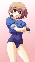 Rule 34 | 1girl, :o, aile (mega man zx), bare legs, blue one-piece swimsuit, brown hair, cameltoe, capcom, contrapposto, covered navel, crop top, cropped jacket, crossed arms, dot nose, facing viewer, female focus, furrowed brow, gloves, gradient background, green eyes, looking at viewer, lowleg, mega man (series), mega man zx, no pants, one-piece swimsuit, open mouth, pink background, school swimsuit, short sleeves, solo, standing, swimsuit, swimsuit under clothes, tareme, taremw, white background