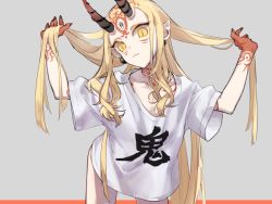 Rule 34 | 1girl, ashita kura, blonde hair, bottomless, clothes writing, collarbone, commentary, earrings, facial mark, fate/grand order, fate (series), hair lift, highres, horns, ibaraki douji (fate), jewelry, long hair, looking at viewer, oni, oni horns, pointy ears, shirt, solo, tattoo, translation request, white shirt, yellow eyes