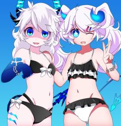 Rule 34 | + +, 2girls, :d, ;d, bikini, black bikini, blue background, blue eyes, carlos daniel, chain, chiliarch (elsword), diabla (elsword), dual persona, elsword, flat chest, frilled bikini, frills, hair ornament, hairclip, horns, long hair, looking at viewer, luciela r. sourcream, multiple girls, navel, one eye closed, open mouth, pointy ears, smile, swimsuit, tattoo, twintails, white hair