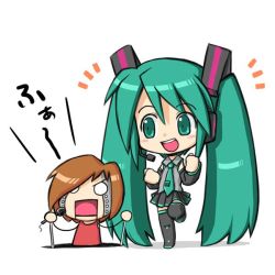 Rule 34 | bad id, bad pixiv id, brown hair, chibi, detached sleeves, green hair, hatsune miku, long hair, meiko (vocaloid), necktie, o o, rif, simple background, skirt, smile, thighhighs, twintails, very long hair, vocaloid