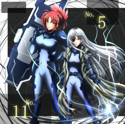 Rule 34 | 00s, 2girls, bodysuit, cinque (nanoha), eyepatch, huge weapon, kisaragi ivi17, looking at viewer, lyrical nanoha, mahou shoujo lyrical nanoha, mahou shoujo lyrical nanoha strikers, multiple girls, numbers (nanoha), ponytail, red hair, silver hair, skin tight, weapon, wendi (nanoha), yellow eyes