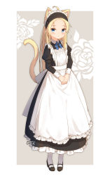 Rule 34 | 1girl, absurdres, ahoge, animal ears, apron, black dress, black footwear, black hairband, blonde hair, blue bow, blue eyes, blush, bow, cat ears, cat girl, cat tail, closed mouth, collared dress, commentary request, coreytaiyo, dated, dress, floral background, flying sweatdrops, forehead, frilled apron, frilled dress, frilled hairband, frills, grey background, hairband, highres, juliet sleeves, long hair, long sleeves, maid, maid apron, original, own hands together, pantyhose, parted bangs, puffy sleeves, rose background, shoes, signature, solo, tail, two-tone background, very long hair, white apron, white background, white pantyhose