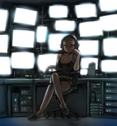 Rule 34 | 1girl, :&lt;, arm support, breasts, brown eyes, brown hair, chair, head rest, cleavage, computer, glasses, large breasts, crossed legs, midriff, monitor, navel, original, short hair, short shorts, shorts, sitting, slippers, solo, tank top, tsumanuda fight town, ueyama michirou, uramitsu mao