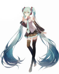 Rule 34 | 1girl, absurdly long hair, arm tattoo, black footwear, black skirt, black sleeves, blue eyes, blue hair, blue necktie, blue skirt, boots, collared shirt, detached sleeves, floating hair, full body, grey shirt, hair between eyes, hair ornament, hatsune miku, headphones, headset, highres, long hair, long sleeves, microphone, miniskirt, necktie, number tattoo, open mouth, pleated skirt, shirt, simple background, skirt, sleeveless, sleeveless shirt, solo, standing, tattoo, thigh boots, twintails, twitter username, two-tone skirt, v, very long hair, vocaloid, white background, wing collar, wnmuwnmu