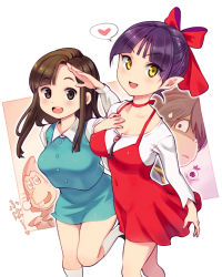 Rule 34 | 2girls, 3boys, :d, alternate breast size, blush, bow, breasts, brooch, brown eyes, brown hair, choker, cleavage, collared shirt, commentary request, covered navel, creature, dress, eyeball, fang, feet out of frame, gegege no kitarou, gegege no kitarou 6, green skirt, hair bow, hair over one eye, heart, jewelry, kitarou, long hair, long sleeves, looking at another, looking at viewer, medama oyaji, medium breasts, miniskirt, multiple boys, multiple girls, nekomusume, nekomusume (gegege no kitarou 6), nezumi otoko, open mouth, outline, pinafore dress, pointy ears, purple hair, red bow, red choker, red dress, ryoji (nomura ryouji), salute, shirt, short dress, short hair, skirt, sleeveless dress, smile, snort, socks, spoken heart, sweatdrop, tendou yumeko, traditional youkai, whiskers, white legwear, white outline, white shirt, yellow eyes