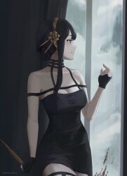 Rule 34 | 1girl, absurdres, black choker, black dress, black gloves, black hair, breasts, brown hairband, choker, cleavage, collarbone, cowboy shot, dress, fingerless gloves, flower, gloves, hair flower, hair ornament, hairband, highres, holding, holding weapon, medium breasts, omochiarts, parted lips, profile, red eyes, short dress, sidelocks, sleeveless, sleeveless dress, solo, spy x family, standing, thigh strap, twitter username, weapon, yellow flower, yor briar