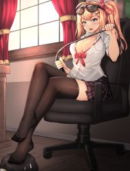 Rule 34 | 1boy, 1girl, absurdres, ahoge, black-framed eyewear, black hair, black thighhighs, blonde hair, blue eyes, blush, bow, bowtie, breast pocket, breasts, chair, cleavage, clyde s, collarbone, collared shirt, commentary request, crossed legs, curtains, eyewear on head, femdom, foot on head, girls&#039; frontline, hair ornament, hair ribbon, hairclip, highres, huge filesize, indoors, kalina (girls&#039; frontline), large breasts, long hair, looking down, loose bowtie, no bra, no shoes, on chair, open clothes, open mouth, open shirt, plaid, plaid skirt, pleated skirt, pocket, purple skirt, red neckwear, red ribbon, revision, ribbon, riding crop, shirt, short sleeves, side ponytail, sitting, skirt, solo focus, stepping, sunglasses, teeth, thighhighs, upper teeth only, v-shaped eyebrows, white shirt, window, x hair ornament, zettai ryouiki