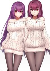 Rule 34 | 2girls, bare shoulders, blush, breasts, brown pantyhose, fate/grand order, fate (series), fufufu hehehe, highres, jewelry, large breasts, long hair, long sleeves, looking at viewer, multiple girls, necklace, pantyhose, purple hair, red eyes, scathach (fate), scathach skadi (fate), smile, sweater, thighs, white sweater