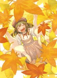 Rule 34 | 1girl, autumn leaves, blush, brown dress, brown hair, brown hat, closed eyes, dress, full body, ginkgo tree, hat, highres, leaf, long hair, long sleeves, maple leaf, nobile1031, open mouth, original, plaid, plaid dress, reaching, reaching towards viewer, shirt, smile, solo, white shirt, yellow theme