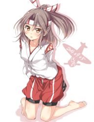 Rule 34 | 10s, 1girl, 2014, :p, arms behind back, barefoot, blush, brown eyes, brown hair, dated, headband, japanese clothes, jiino, kantai collection, kneeling, looking at viewer, ponytail, solo, tongue, tongue out, zuihou (kancolle)