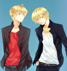 Rule 34 | 2boys, ahoge, arthur pendragon (fate), ayumi (xiwu), bad id, bad pixiv id, blonde hair, blue background, bracelet, casual, fate/prototype, fate/zero, fate (series), gilgamesh (fate), green eyes, jacket, jewelry, male focus, multiple boys, necklace, red eyes, simple background