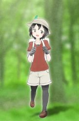 Rule 34 | 10s, 1girl, absurdres, backpack, bag, black eyes, black gloves, black hair, black pantyhose, blush, brown footwear, collarbone, female focus, flat chest, full body, gloves, green background, hands up, happy, hat, highres, kaban (kemono friends), kemono friends, looking to the side, matching hair/eyes, open mouth, outdoors, pantyhose, red shirt, shirt, shoes, short hair, short sleeves, shorts, smile, solo, standing, standing on one leg, tree, undershirt, walking, white shorts, xan (xan0712)