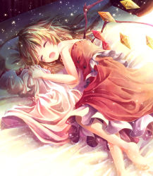 Rule 34 | 1girl, :d, ^ ^, barefoot, blonde hair, closed eyes, closed eyes, female focus, flandre scarlet, light particles, lying, niichi (komorebi-palette), on side, open mouth, pillow, smile, solo, sunlight, touhou, wings