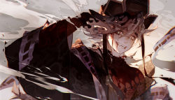 Rule 34 | artist name, black hair, black hat, bleeding, blonde hair, blood, blood from mouth, bloody tears, douma (kimetsu no yaiba), finger to face, fingernails, grey background, grin, hat, japanese clothes, kawacy, kimetsu no yaiba, long fingernails, long sleeves, looking afar, male focus, multicolored eyes, multicolored hair, off shoulder, pointing, pointing at self, red shirt, ribbon trim, sharp fingernails, shirt, short hair, skin tight, smile, smoke, solo, text in eyes, two-tone hair, undershirt, wide sleeves