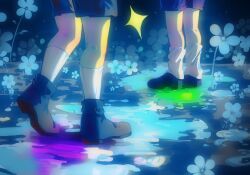 Rule 34 | 2others, black footwear, black shorts, blue flower, chara (undertale), chinese commentary, commentary request, flower, frisk (undertale), from side, head out of frame, highres, leg focus, multiple others, other focus, out of frame, shoes, shorts, socks, sparkle, standing, theskyisblue093, undertale, white socks