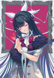 Rule 34 | 1girl, arm ribbon, bare shoulders, black hair, blunt bangs, bow, bow choker, bug, butterfly, closed eyes, coat, columbina (genshin impact), commentary request, facing viewer, fur-trimmed coat, fur trim, genshin impact, gradient hair, hair wings, head tilt, highres, insect, long hair, multicolored hair, off shoulder, parted lips, picture frame, purple hair, red butterfly, ribbon, sleeveless, sleeveless coat, solo, upper body, vanink, very long hair, white bow, white coat, white ribbon