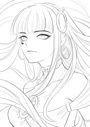 Rule 34 | 1girl, belt collar, breasts, cleavage, cleopatra (fate), collar, collarbone, earrings, egyptian clothes, elyoncat, eyelashes, eyeliner, fate/grand order, fate (series), greyscale, hairband, highres, hoop earrings, jewelry, lineart, long hair, looking at viewer, makeup, monochrome, parted lips, ring, solo, very long hair, yellow background