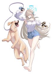 Rule 34 | 1girl, ^ ^, absurdres, alfie (tmdals7645), armpits, asuna (blue archive), asymmetrical bangs, bare legs, barefoot, black choker, blue archive, blush, breasts, choker, cleavage, closed eyes, collarbone, cutoffs, denim, denim shorts, dog, golden retriever, grin, hair over one eye, halo, highres, holding, holding leash, holding sandals, large breasts, leash, light brown hair, long bangs, mole, mole on breast, off-shoulder shirt, off shoulder, one eye covered, running, shirt, shorts, simple background, smile, soles, straight hair, transparent background, white shirt