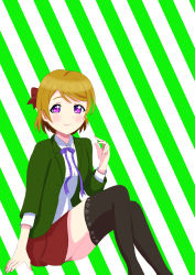 Rule 34 | 1girl, absurdres, artist name, artist request, black legwear, blush, bow, bowtie, breasts, brown hair, buttons, female focus, green jacket, hair between eyes, hair bow, highres, jacket, knees up, koizumi hanayo, legs up, long sleeves, looking at viewer, love live!, love live! school idol festival, love live! school idol project, miniskirt, nail, nail polish, parted lips, pink nails, pink nails, plaid, plaid skirt, pleated, pleated skirt, purple bow, purple eyes, red bow, red skirt, shirt, short hair, sitting, skirt, smile, solo, striped, striped background, white shirt