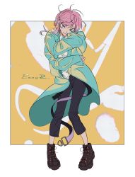 Rule 34 | 1boy, amemura ramuda, blue eyes, candy, closed mouth, food, full body, highres, holding, holding food, hood, hood down, hoodie, hypnosis mic, lollipop, long sleeves, male focus, pink hair, reichio, shoes, short hair, sidelocks, solo, standing, yellow background