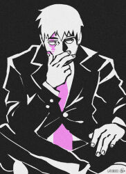 Rule 34 | 1boy, artist name, black background, commentary, covering own mouth, english commentary, formal, gatoiberico, highres, indian style, long sleeves, male focus, mob psycho 100, monochrome, necktie, pink necktie, reigen arataka, short hair, simple background, sitting, solo, spot color, suit