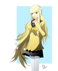 Rule 34 | 1girl, blonde hair, breasts, dh (brink of memories), flower, green eyes, hair flower, hair ornament, highres, houndstooth, long hair, pantyhose, persona, persona q: shadow of the labyrinth, persona q (series), rei (persona q), school uniform, serafuku, skirt, small breasts, smile, solo, very long hair, white pantyhose