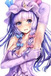Rule 34 | arm behind head, armpits, blue bow, blue ribbon, blush, bow, breasts, cleavage, crescent, elbow gloves, frilled kimono, frills, gloves, hair bow, hat, hat ribbon, japanese clothes, kaeranu kaeru, kimono, large breasts, long hair, looking at viewer, mob cap, patchouli knowledge, presenting armpit, purple eyes, purple hair, red bow, red ribbon, ribbon, shirt, shy, sleeveless, sleeveless shirt, spread armpit, touhou, very long hair