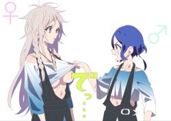 Rule 34 | 1boy, 1girl, assisted exposure, bad id, bad twitter id, blue hair, braid, breasts, clothes pull, cropped shirt, furrowed brow, genderswap, genderswap (ftm), genderswap (mtf), grey hair, heterochromia, jewelry, king of prism by prettyrhythm, large breasts, long hair, long sleeves, looking at another, mars symbol, navel, necklace, open mouth, pretty rhythm, pretty series, profile, red eyes, rinne (pretty rhythm), shine (pretty series), shirt pull, short hair, side braid, sidelocks, simple background, suspenders, translation request, trap, venus symbol, white background, yellow eyes, zashima