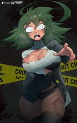 Rule 34 | 1girl, ahoge, bad end, big hair, black bra, black thighhighs, blood, blood from mouth, bra, breasts, caution tape, cleavage, cleavage cutout, clothing cutout, commentary, cuts, dark-skinned female, dark skin, dress, empty eyes, english commentary, flytrapxx, green hair, grey eyes, highres, huge ahoge, injury, large breasts, liz (flytrapxx), medium hair, no pants, original, reaching, reaching towards viewer, solo, sweater, thigh gap, thighhighs, torn clothes, torn dress, torn sweater, turtleneck, turtleneck sweater, underwear, white sweater, zombie