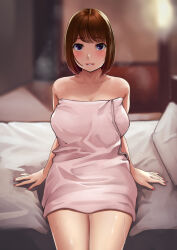 Rule 34 | 1girl, absurdres, after bathing, bare shoulders, blurry, blurry background, blush, brown hair, depth of field, highres, legs together, looking at viewer, nail polish, naked towel, neko neko koneko, on bed, original, parted lips, purple eyes, red nails, short hair, sitting, solo, steaming body, towel, wet, wet hair